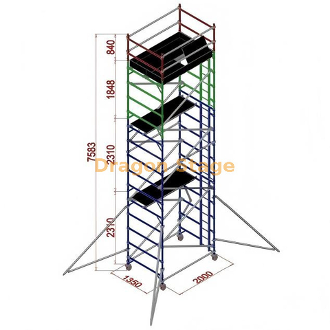 Échafaudage en aluminium argenté standard de 1,35 x 2 x 7,53 m avec échelles