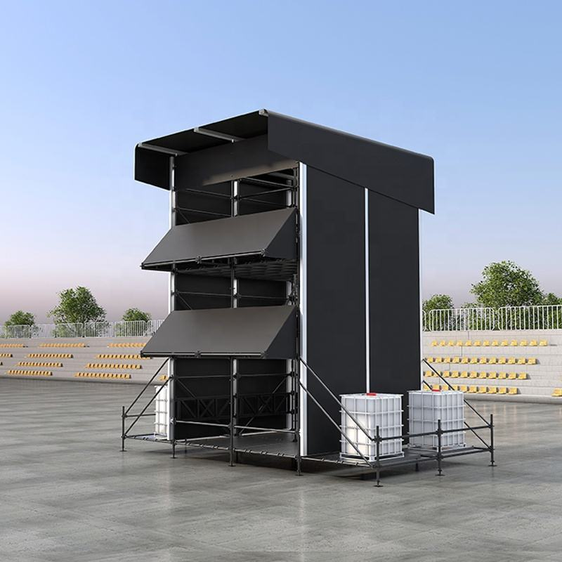 Tour de contr&ocirc;le FOH hybride Ringlock &agrave; plusieurs niveaux de 4x4 m avec cadre de toit en aluminium et enceinte de rideau.png