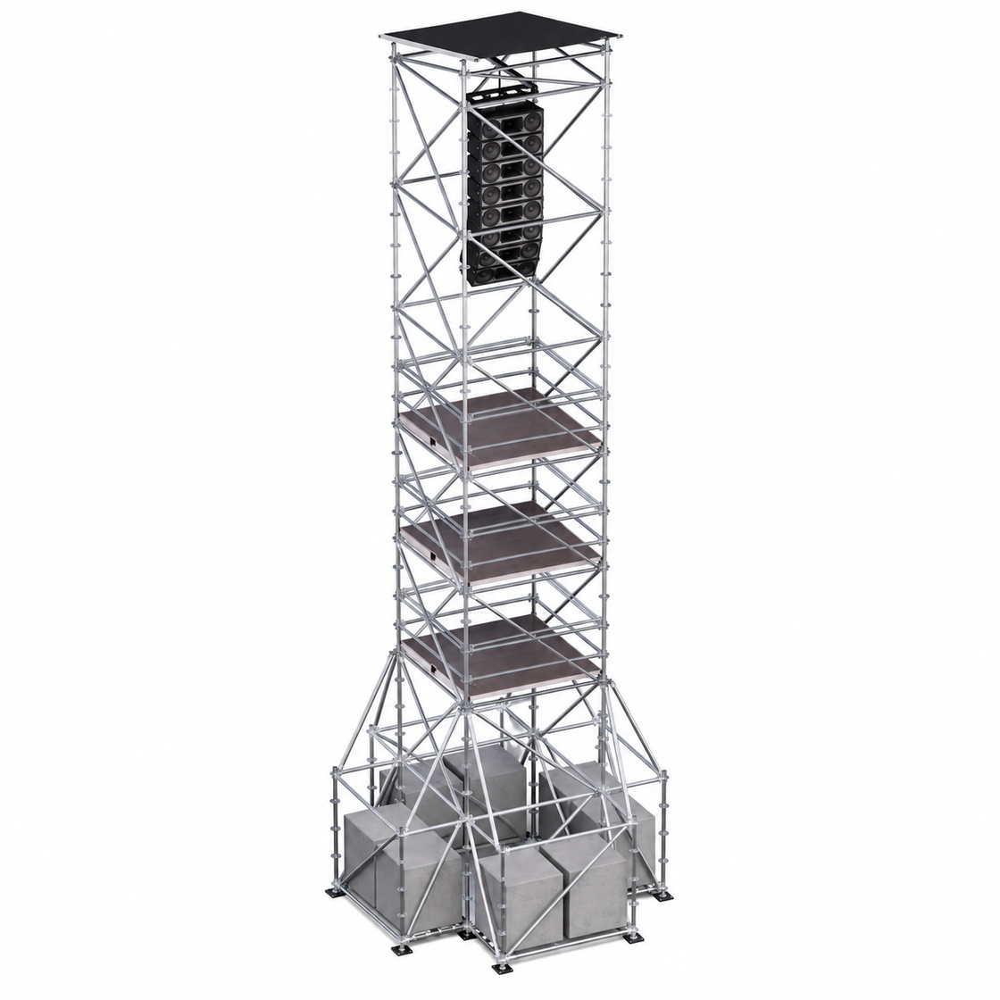 Tour suspendue Ringlock Line Array de 14 m de haut avec 4 plates-formes de travail, ballast et toit étanche