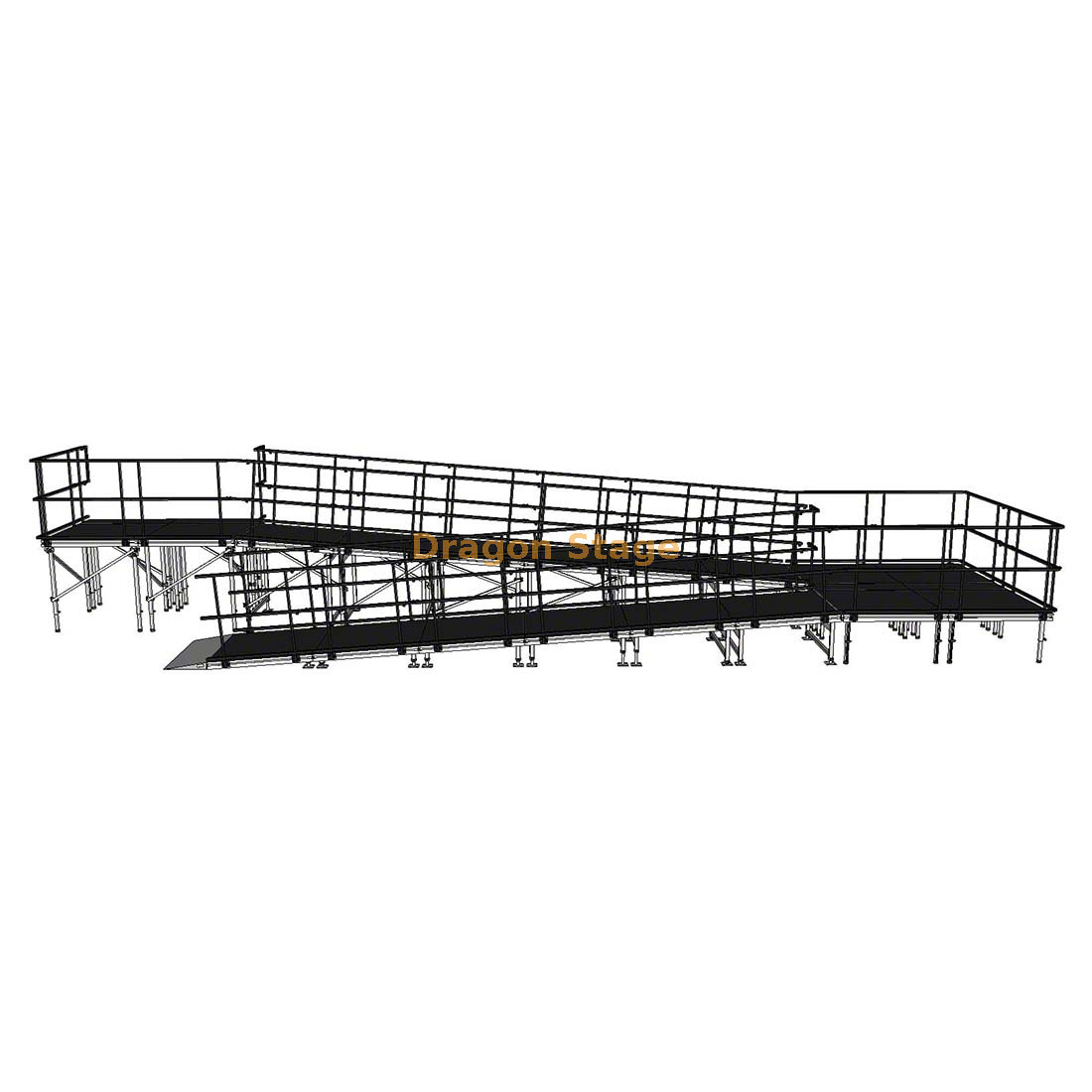 Rampe de scène modulaire en aluminium Switchback de 12,25 x 3,24 m avec palier et double garde-corps