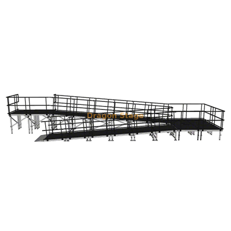 Rampe de scène modulaire en aluminium Switchback de 12,25 x 3,24 m avec palier et double garde-corps