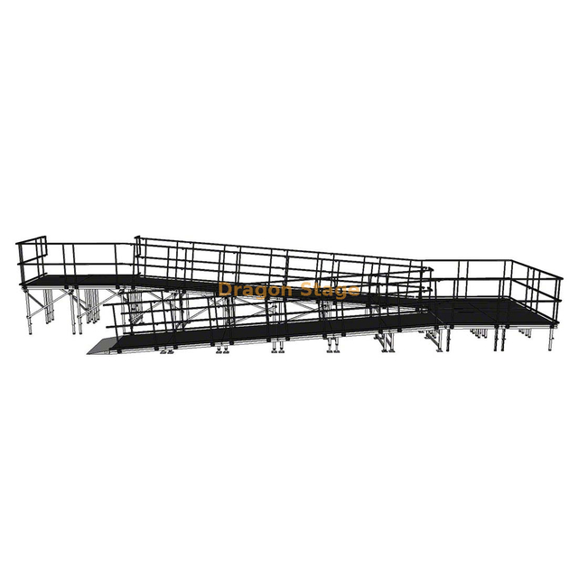 Rampe de scène modulaire en aluminium Switchback de 12,25 x 3,24 m avec palier et double garde-corps