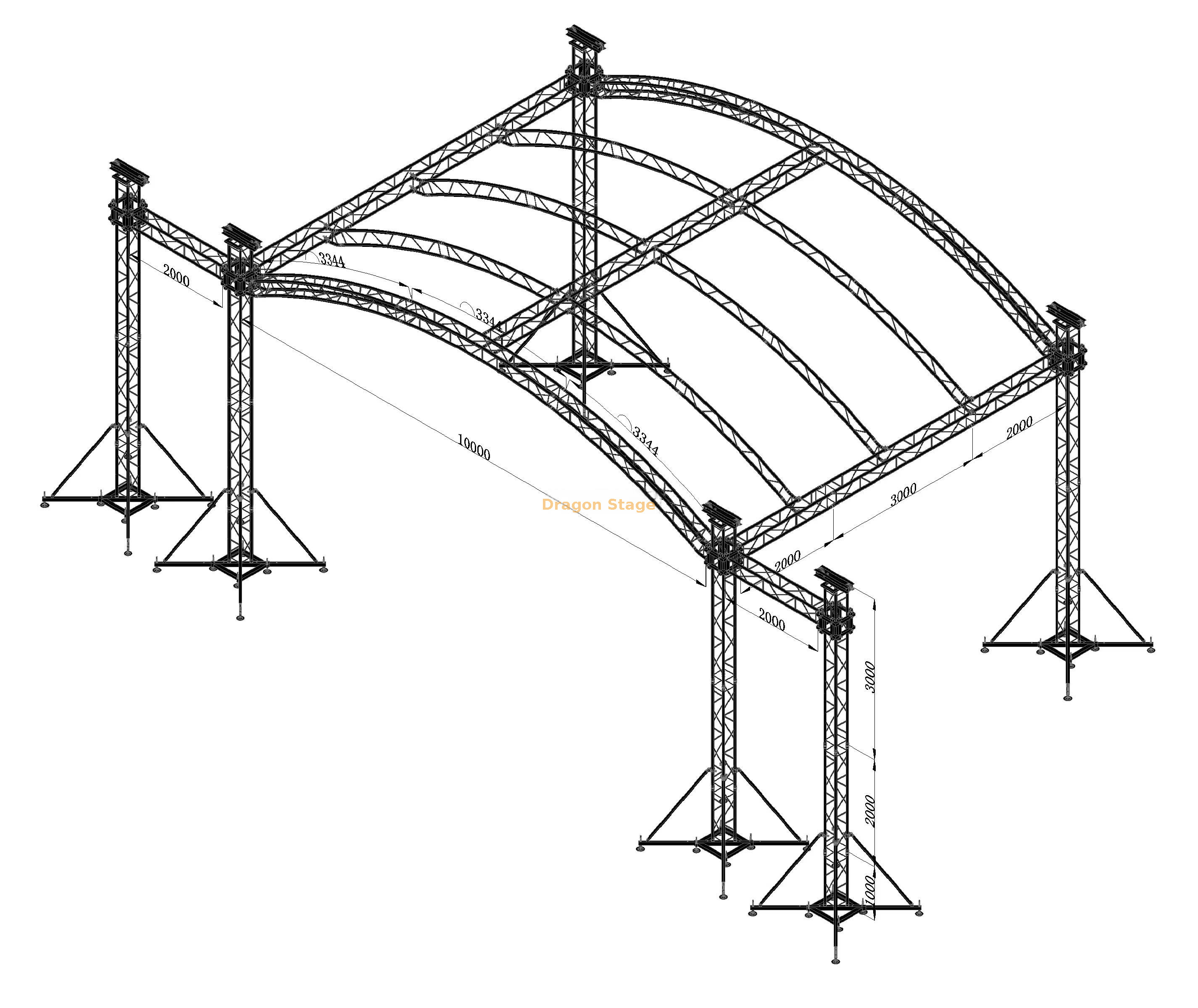 Système de fermes de toit de scène arquées en aluminium, 10x7x6m, avec ailes de haut-parleur