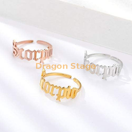 bijoux en gros réglable ouvert plaqué or personnalisé 12 ancien nom anglais signe du zodiaque en acier inoxydable bague de mariage initiale