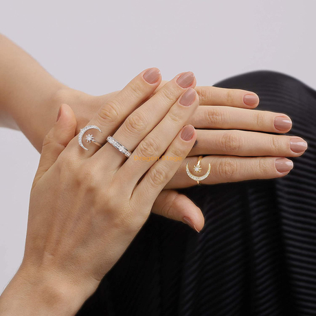 Bague ouverte femme bijoux zircon cubique acier inoxydable 14k 18k plaqué or lune et étoile bague de mariage réglable