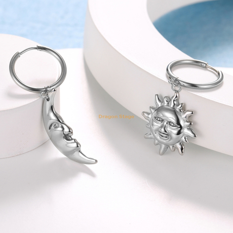 vente en gros de bijoux de hip hop de mode en acier inoxydable personnalisé soleil et lune balancent boucle d'oreille cerceau