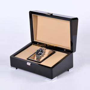 Boîte de montre en bois de doublure en cuir PU brillant noir de luxe avec logo personnalisé