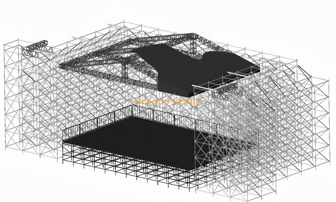 Système de scène de concert Ringlock de 14 x 10 m avec toit en aluminium, ailes LED de 6 m et supports de line array