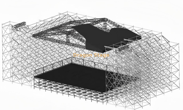 Système de scène de concert Ringlock de 14 x 10 m avec toit en aluminium, ailes LED de 6 m et supports de line array
