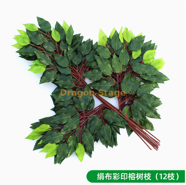 Écorce simulée, plantes vertes, fleurs, vignes, feuilles, conduites d'eau, colonnes décoratives, tissu de soie imprimé couleur, branches d'arbres banyanes (12 branches)