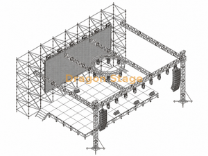 Mur de fond LED Ringlock 16x2x8m avec scène en aluminium de 12,2x7,32m et toit en treillis d'éclairage de 14x10x6m