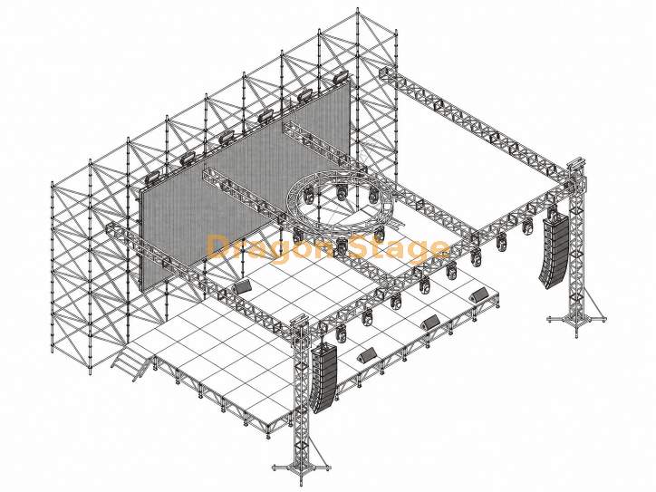 Mur de fond LED Ringlock 16x2x8m avec scène en aluminium de 12,2x7,32m et toit en treillis d'éclairage de 14x10x6m