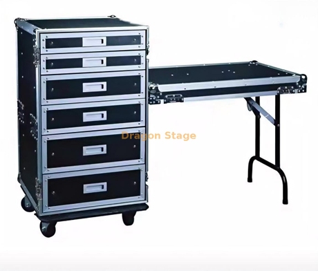 Flight case de style tiroir 18U avec 6 tiroirs + table d'appoint et roulettes amovibles, mallette technique à outils robuste