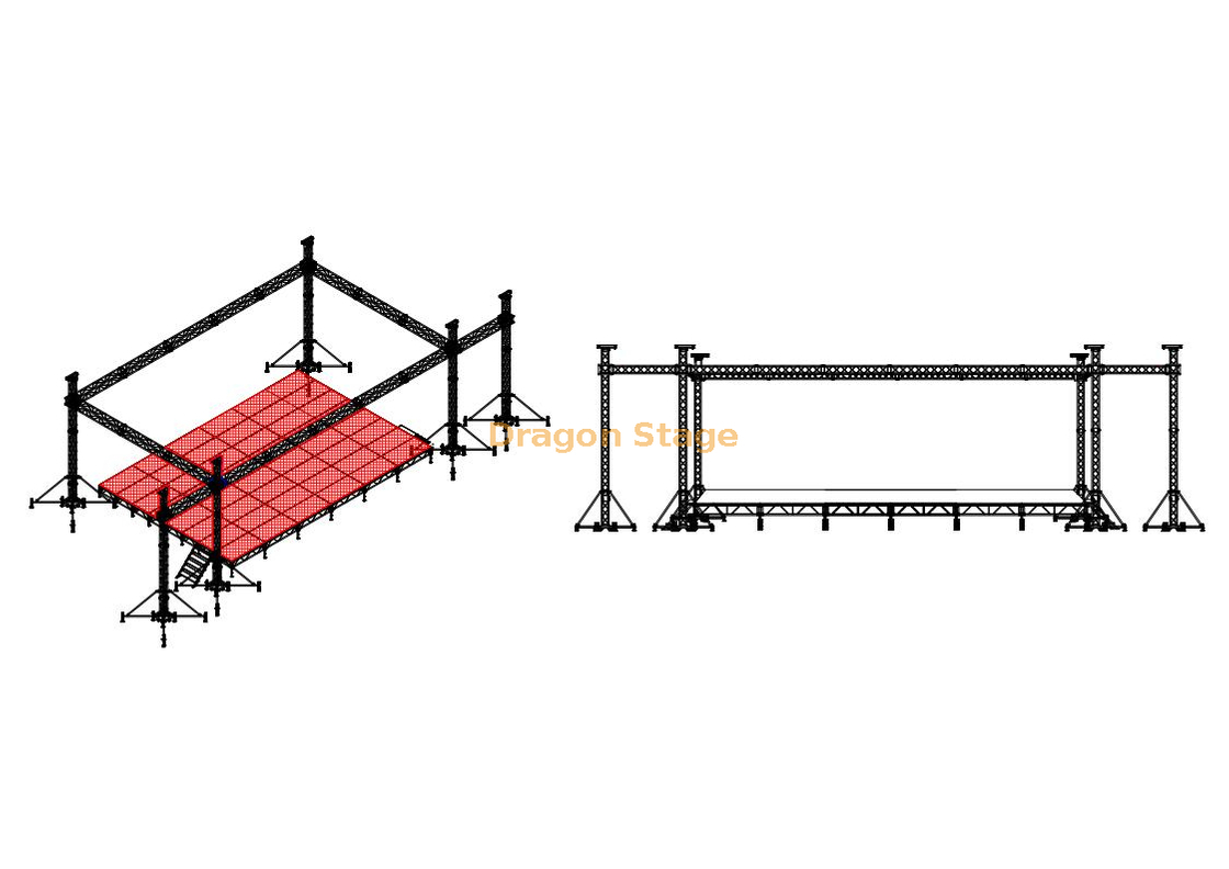 Ferme de scène sans toit pour éclairage d'événement 12x10x8m 6 piliers avec 2m pour haut-parleurs suspendus