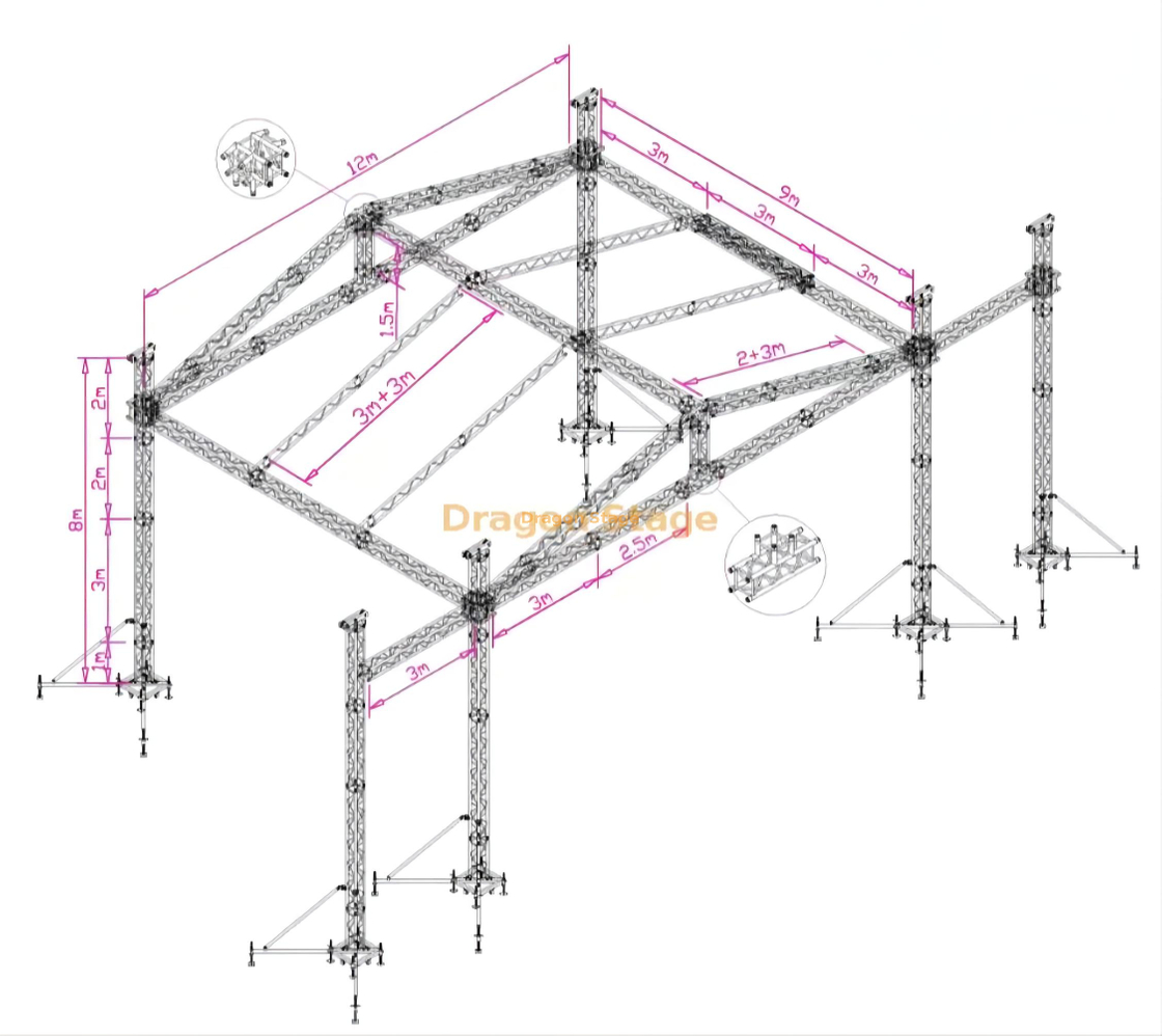Botte argentée en aluminium d'événement de cabine d'étape extérieure d'événement de concert avec le toit 12x9x8m