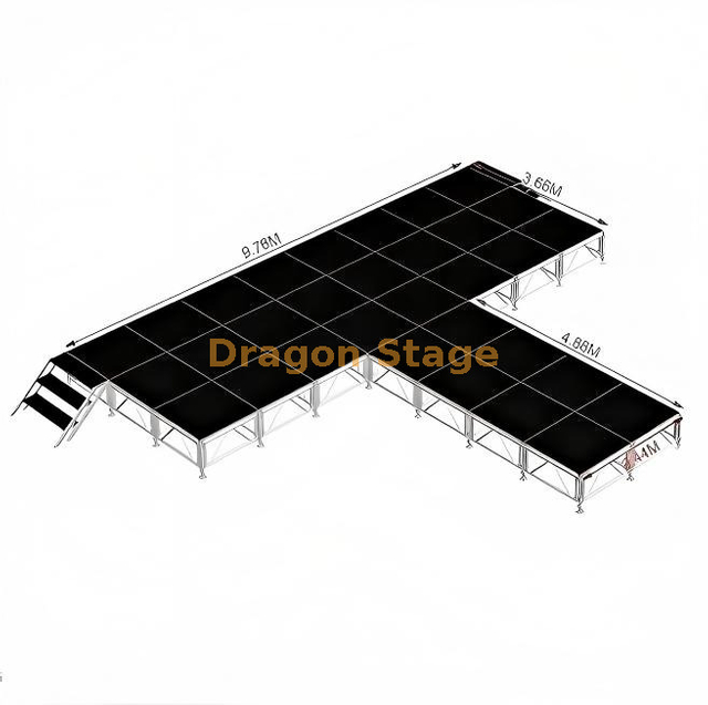 Scène de concert professionnelle en aluminium en forme de T de 9,76 x 8,54 m | Système de piste modulaire réglable de 0,4 m à 0,8 m