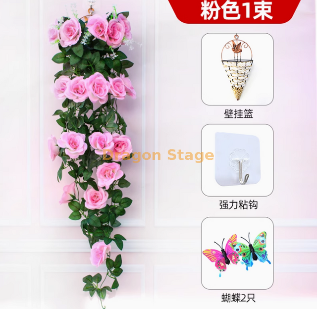 Mur violet simulé orchidée grande broderie en plastique artificiel fleur de fleur de fleur de soie rotin rose clair 1 panier de fleurs roses