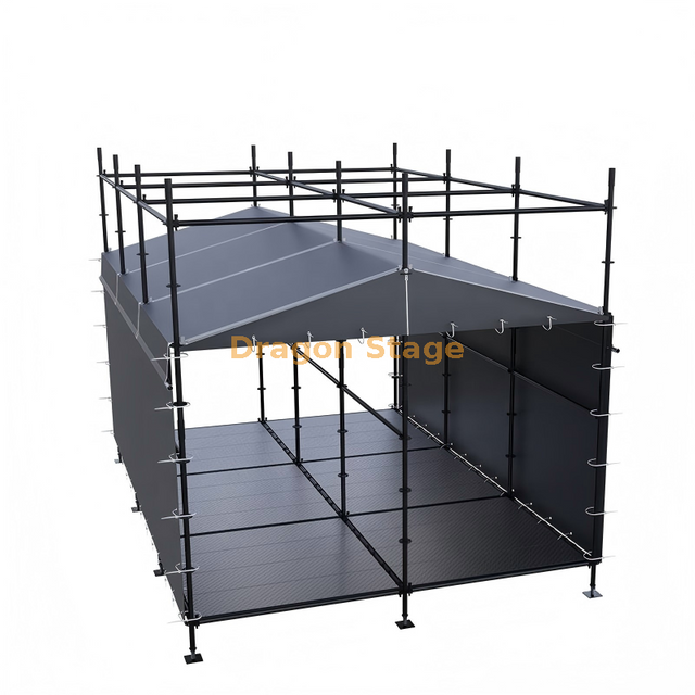 Cabine de contrôle FOH hybride Ringlock 4x6 m avec cadre de toit en aluminium et rideaux météorologiques
