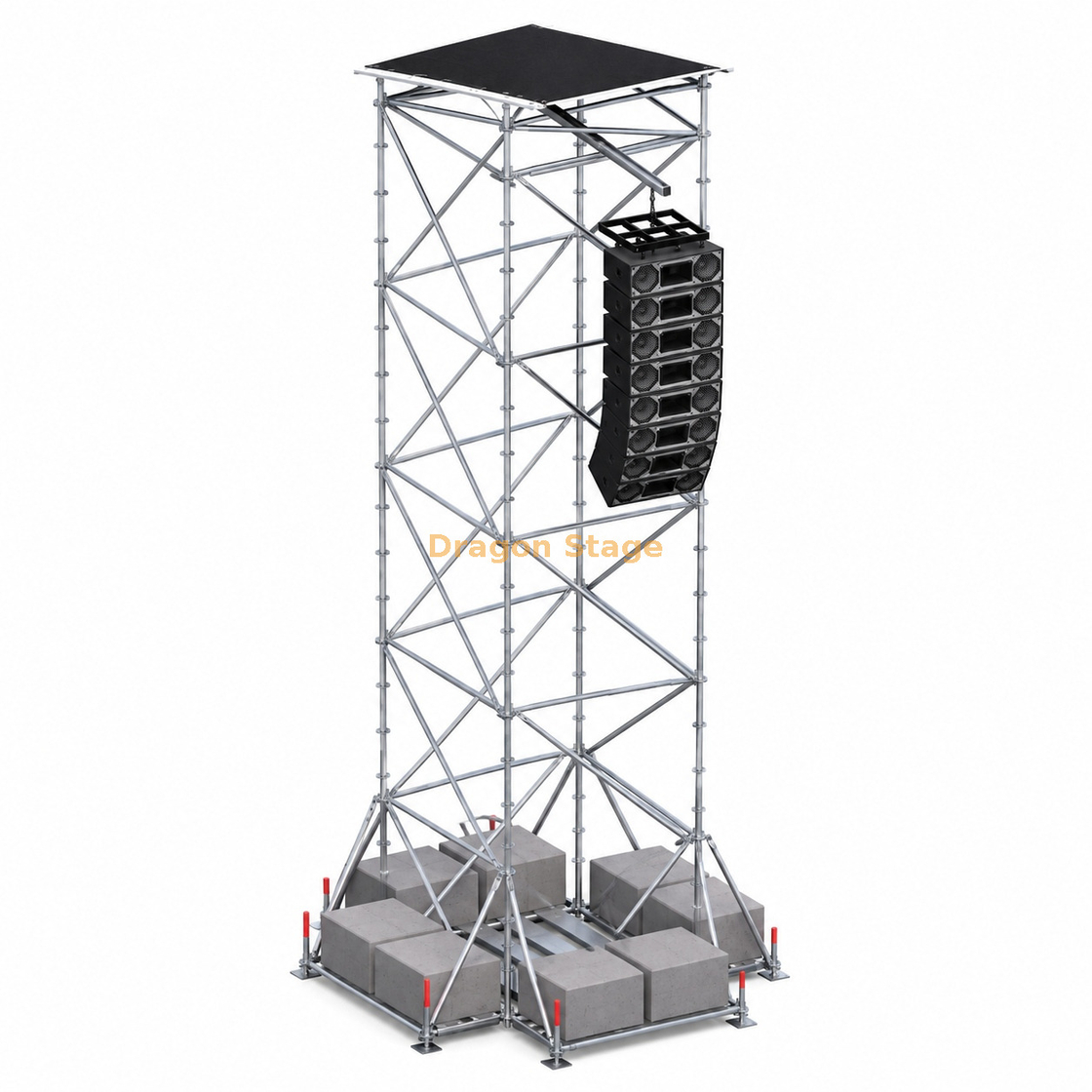 Tour suspendue Ringlock Line Array 2x2x10m avec toit, ballast et plate-forme de travail