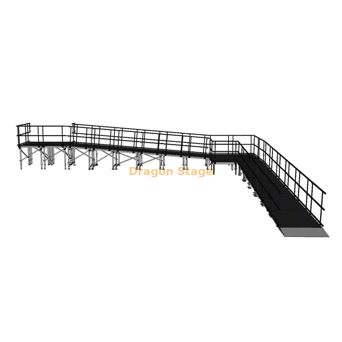 Rampe de scène modulaire en aluminium à 90 degrés, 12,25 x 10,70 m, avec palier et garde-corps