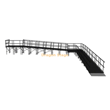 Rampe de scène modulaire en aluminium à 90 degrés, 12,25 x 10,70 m, avec palier et garde-corps