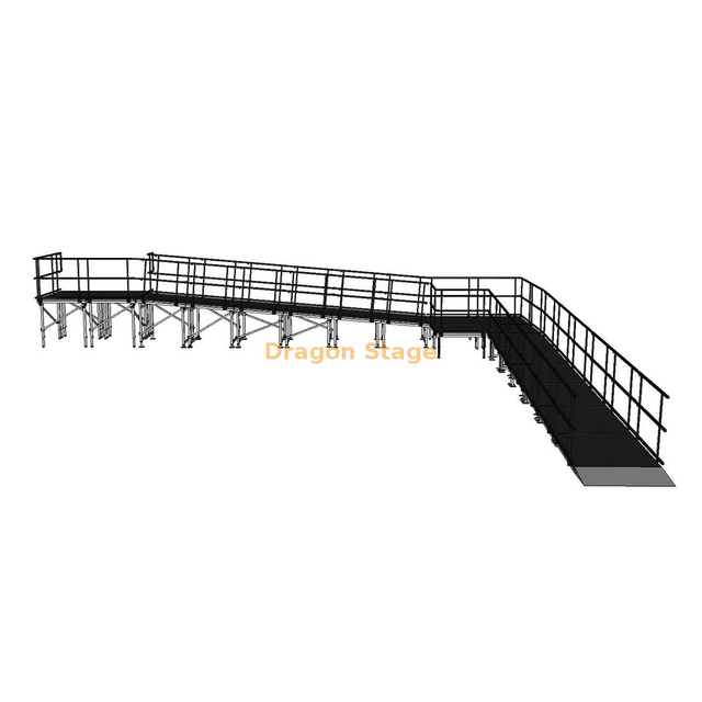 Rampe de scène modulaire en aluminium à 90 degrés, 12,25 x 10,70 m, avec palier et garde-corps