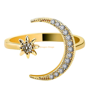 Bague ouverte femme bijoux zircon cubique acier inoxydable 14k 18k plaqué or lune et étoile bague de mariage réglable