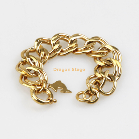 Bijoux en gros de mode en acier inoxydable plaqué or fermoir grande chaîne bracelet à breloques dauphin