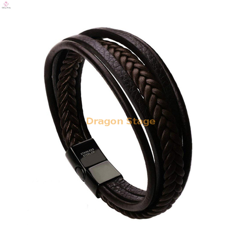 Bracelet tissé en cuir véritable pour hommes, bijoux OEM, fermoir magnétique, personnalisé, vierge, véritable tressé, en acier inoxydable, noir, vente en gros