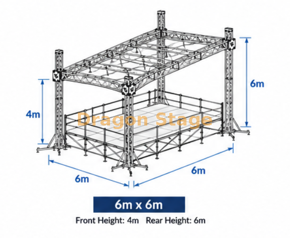 Système de fermes en aluminium pour toit plat de 6x6 m avec une hauteur avant de 4 m et une hauteur arrière de 6 m