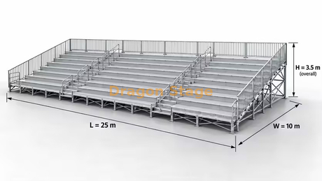 Système de sièges de tribune Ringlock de 25 x 10 m avec deux allées et garde-corps à 3 côtés