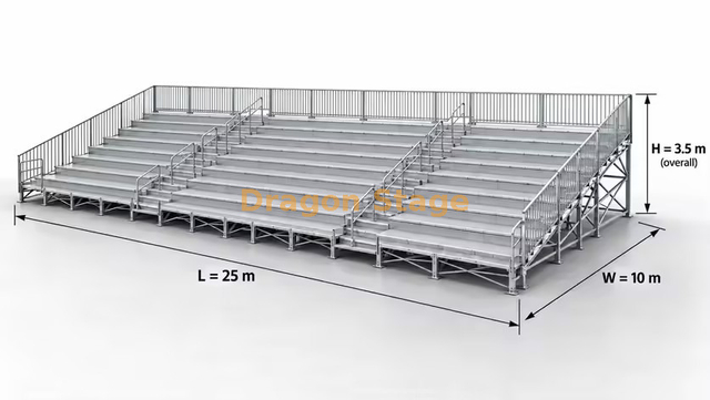 Système de sièges de tribune Ringlock de 25 x 10 m avec deux allées et garde-corps à 3 côtés