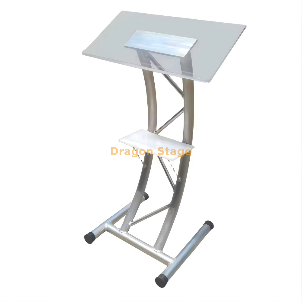 Podium moderne en acrylique transparent avec cadre en treillis en aluminium argenté