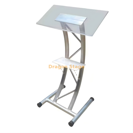 Podium moderne en acrylique transparent avec cadre en treillis en aluminium argenté