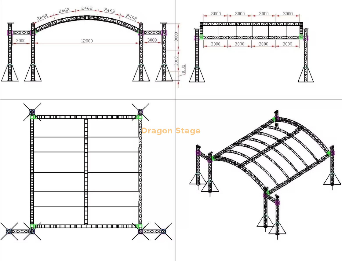 Système de fermes de toit en arc d'aluminium 12x12x6m avec ailes de haut-parleur de 3m
